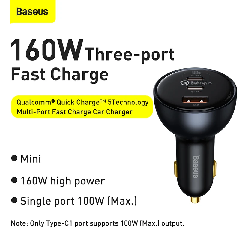 Baseus 160W Car Charger Quick Charge QC 5.0 Car Phone Charger For Macbook iPad Pro Laptop USB Type C Charger For iPhone Xiaomi