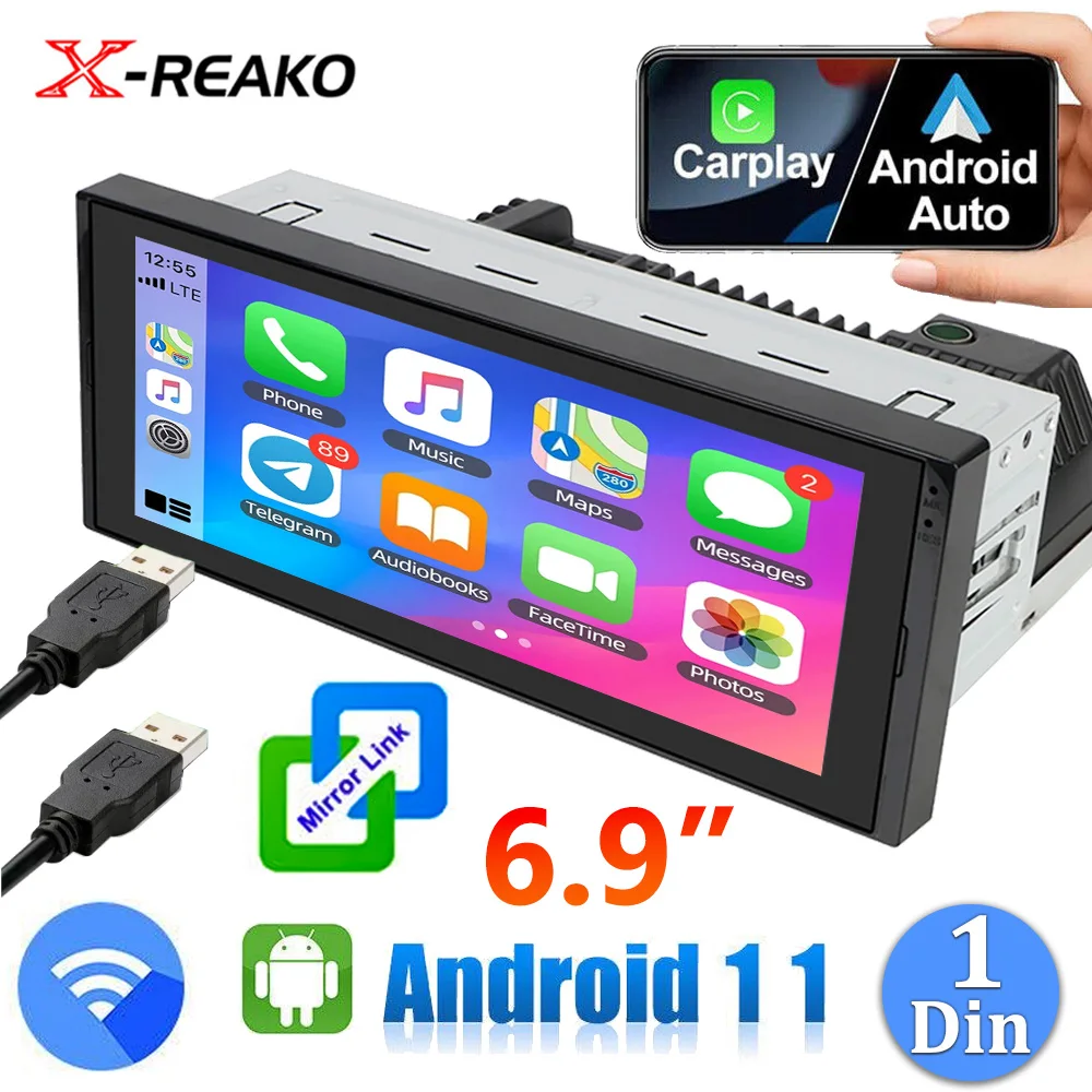 

X-REAKO Carplay 1 Din 6.9''Inch Car Multimedia Player Andriod 11 GPS Bluetooth Wifi USB FM Mirror Link HD Car Stereo Autoradio