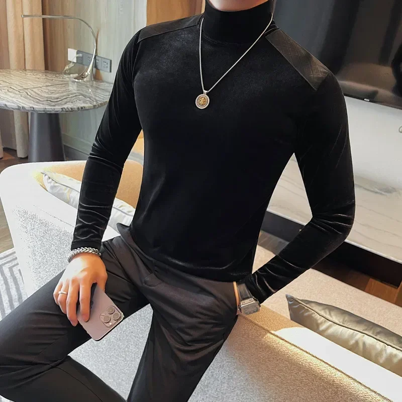 Autumn Winter New Velvet High Neck T-Shirt Fashion Leather Spliced Long Sleeved T-shirt Men Korean Slim Fit Business Casual Tee