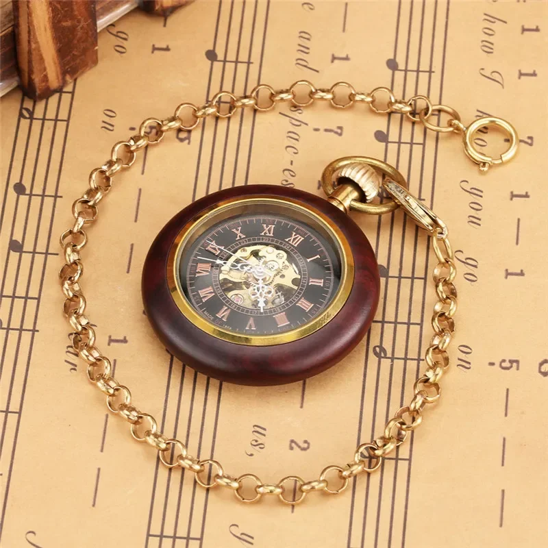 Vintage Skeleton Handwinding Mechanical Pocket Watch Antique Wooden Case with Roman Numerals Dislplay Unisex Gift with FOB Chain