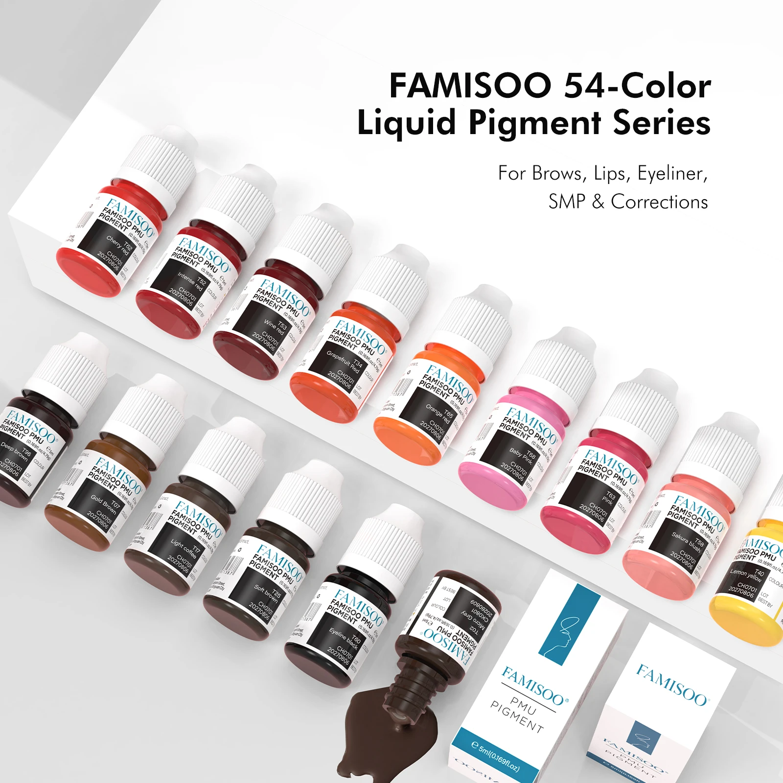 FAMISOO 54 Color 5ml Permanent Makeup Pigment Liquid Pigment Series Tattoo Inks For Brows, Lips, Eyeliner, SMP & Corrections
