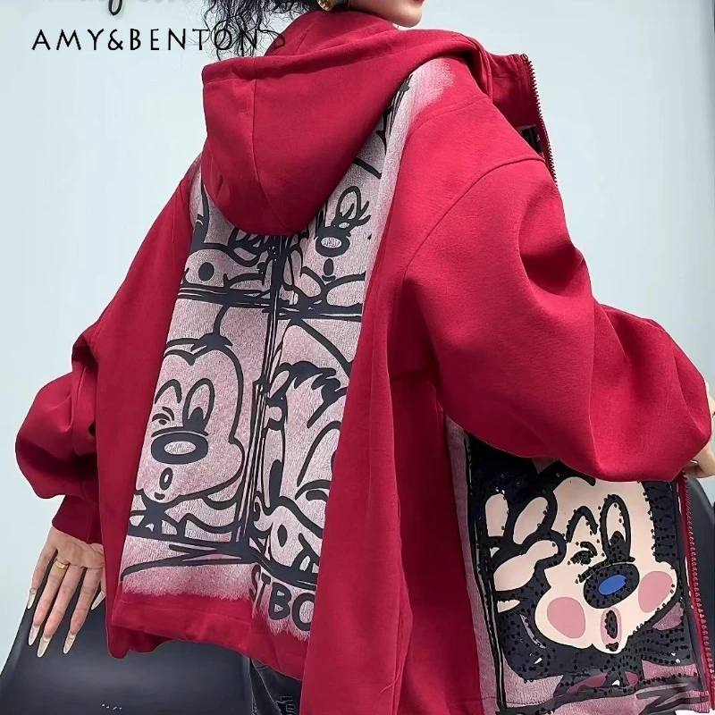 

American Casual Retro Cartoon Sequin Zipper Hooded Sweatshirt Loose Fit Long-sleeves Top Casual Jacket Kawaii Clothes Hoodies
