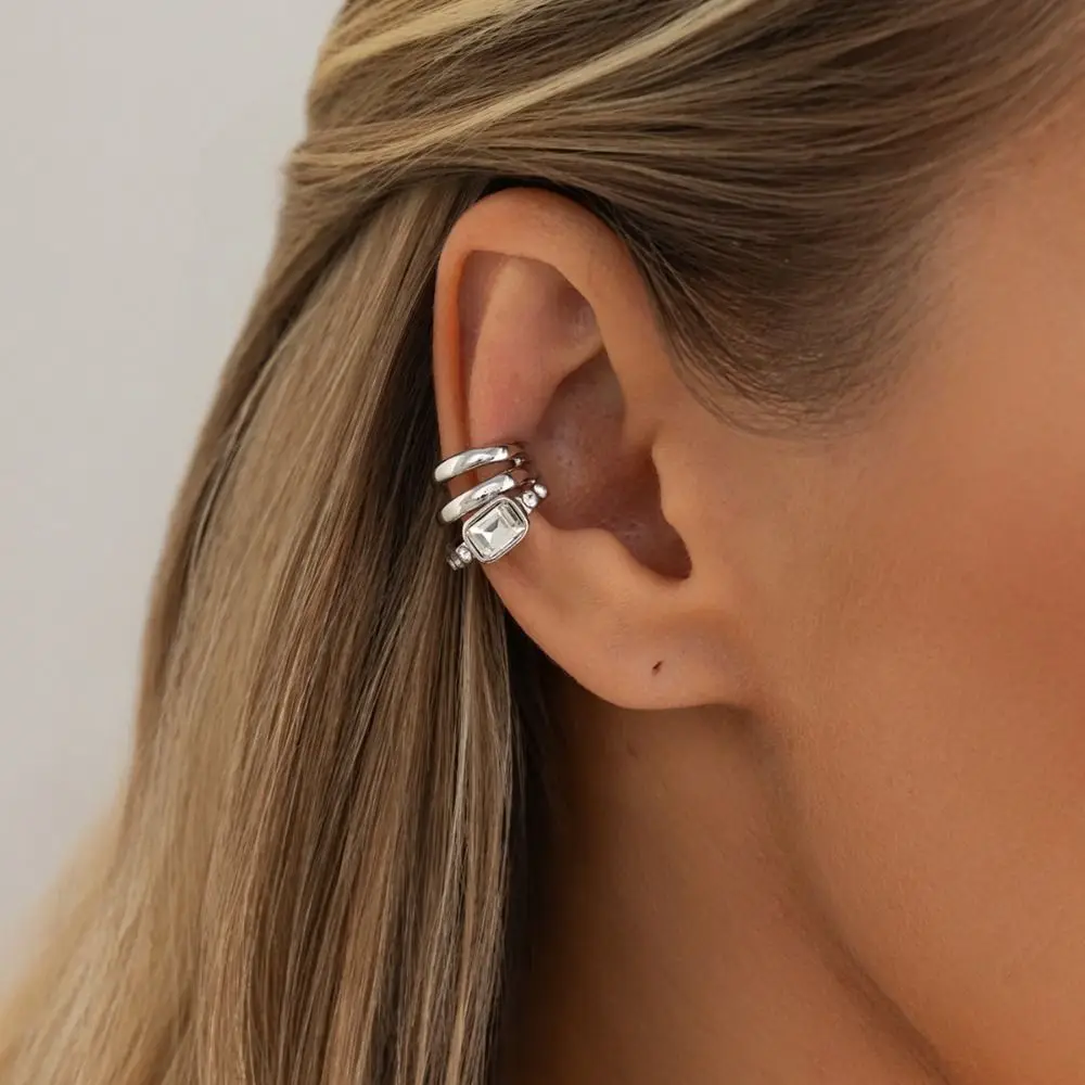 Vintage Multi-Layer C-shaped Ear Clip Silver Metal Square Zircon Stud Earrings Minimalism Thick Gold Jewelry Daily