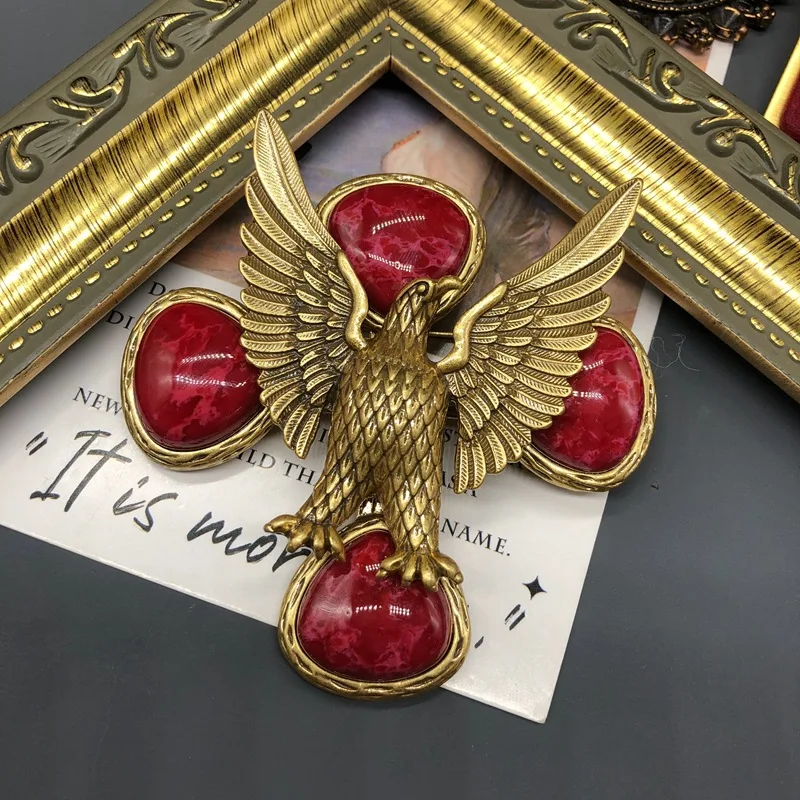 Vintage Antique Eagle Relief Brooch Gold Tone Red Swirl Jelly Stone Bird Wing Women Statement Dress Pin