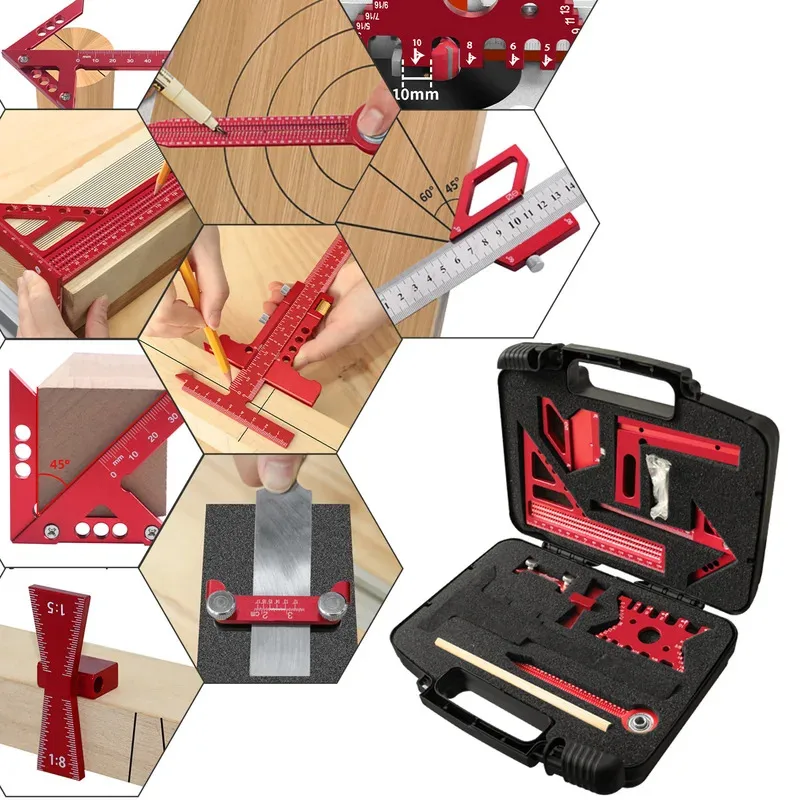 Zestaw stolarski z aluminiowymi kątownikami z pudełkiem, precyzyjne narzędzia dla stolarza do szybkiego łączenia, planowania i trasowania, linijka traserska, narzędzie ręczne.