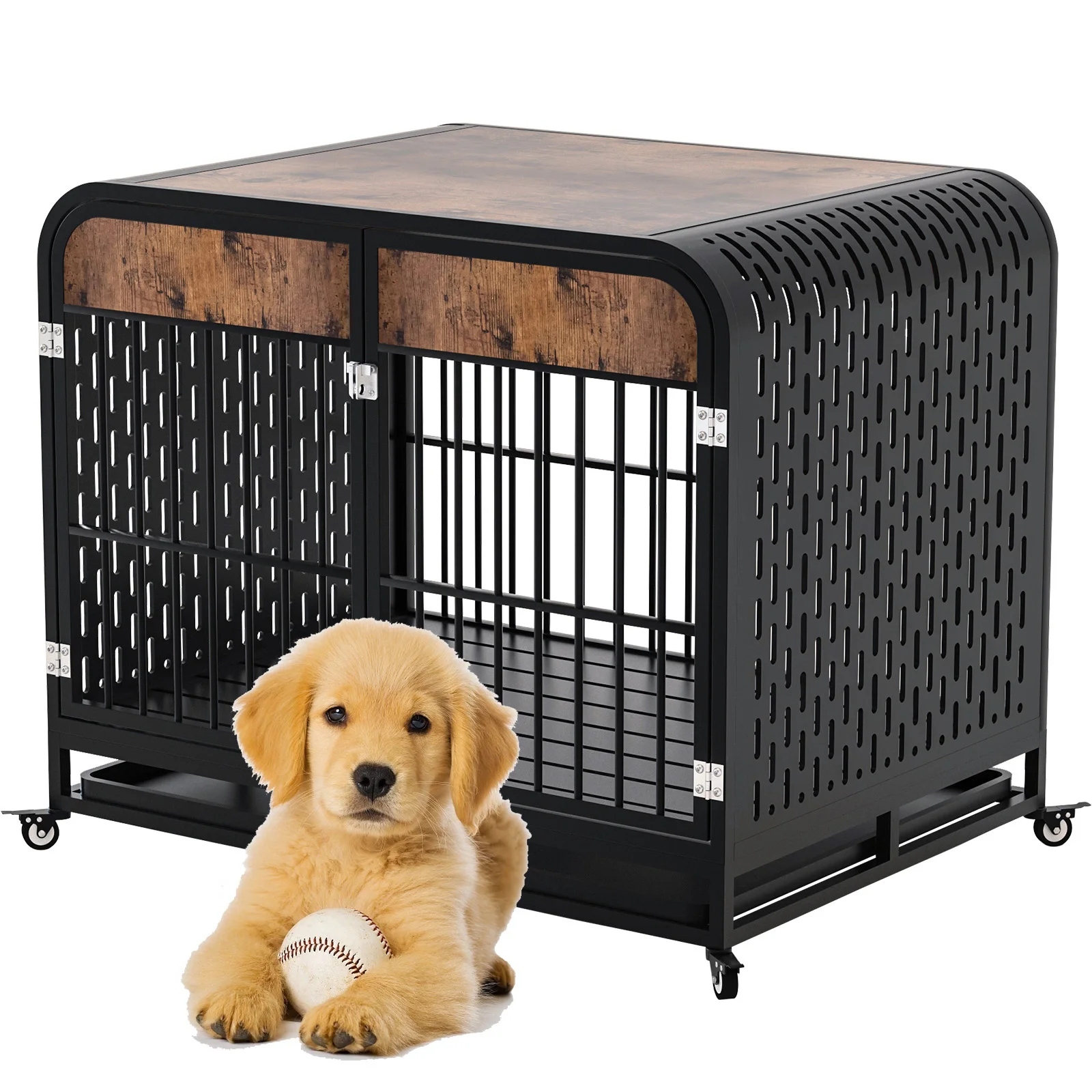 Dog Crate Furniture Wooden Table Pet Dog Cage Kennel House Indoor Side End Table Decor with Removable Trays and Lockable Wheels