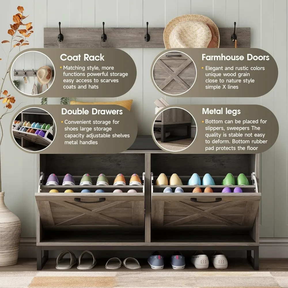 Shoe Cabinet with 2 Flip Drawers & Coat Rack, Shoe Storage Bench with Seat Cushion for Entryway, 5 Large Sturdy Metal