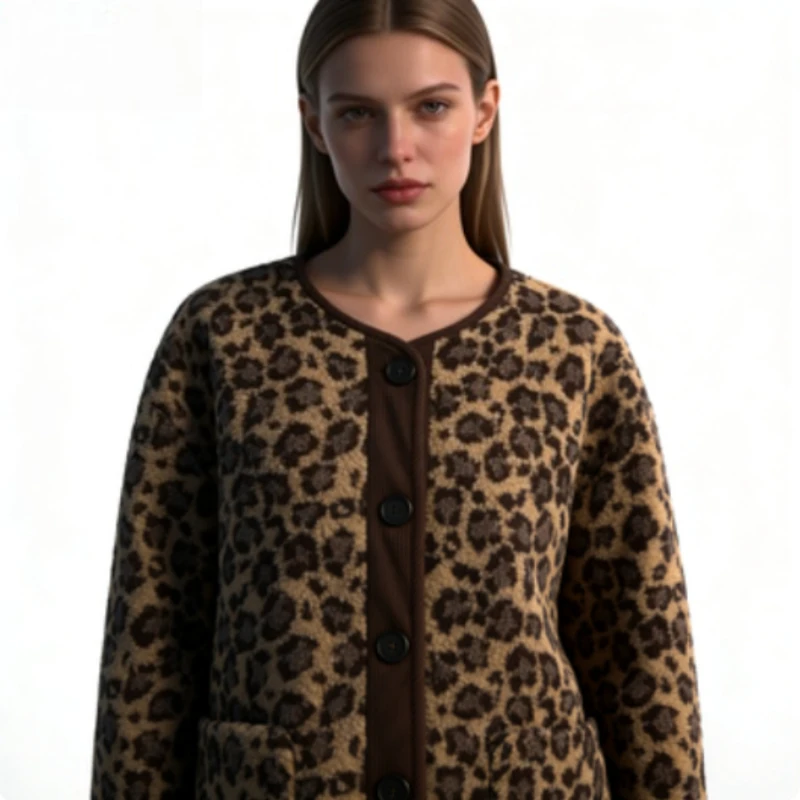 

Новая женская одежда в европейском и американском стиле, классическая мода и универсальная стильная куртка из овечьей шерсти с леопардовым принтом.