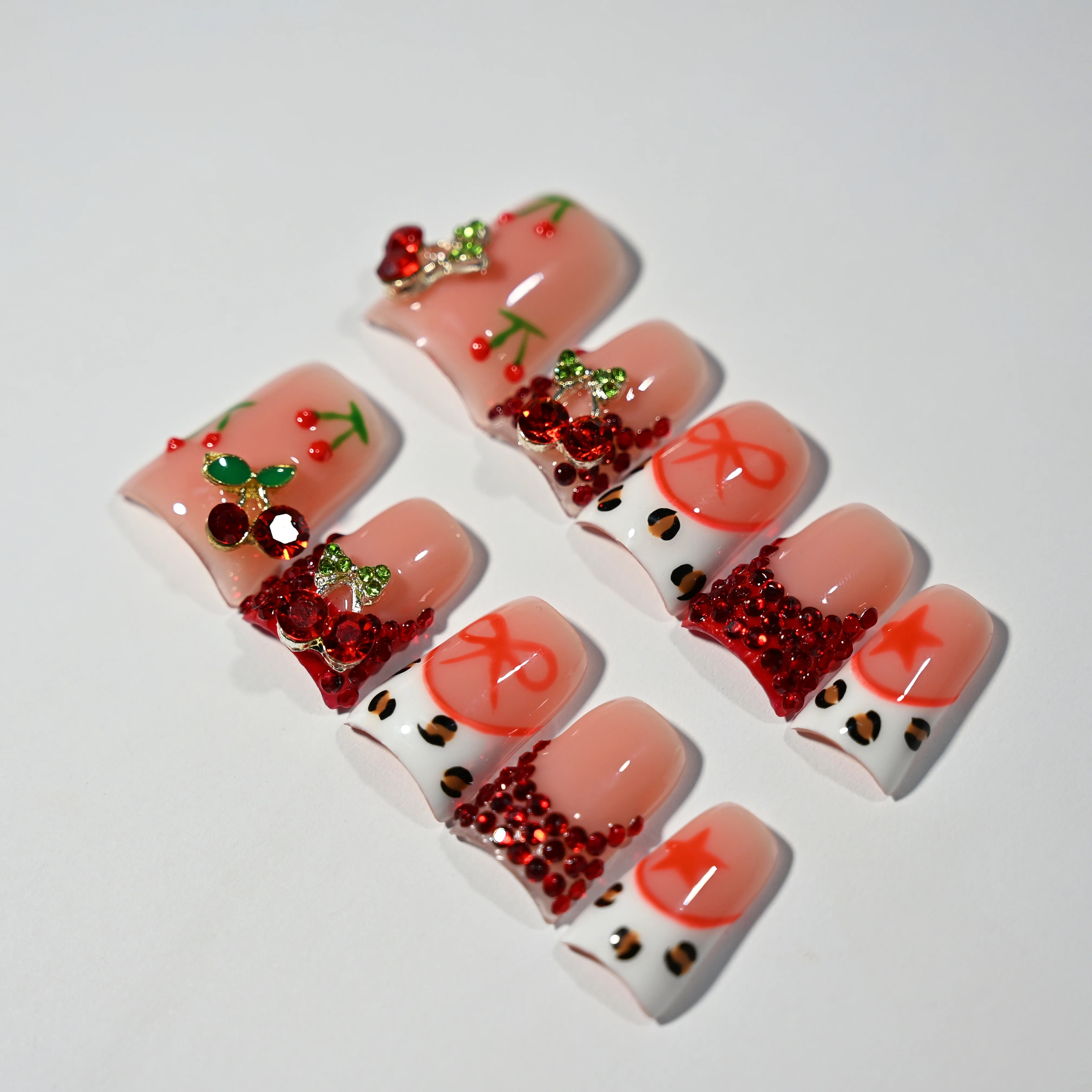 اليدوية الحلو منفعل الكرز الأحمر الصحافة على الأظافر القوس حجر الراين ليوبارد طباعة كتلة اللون الأظافر القابلة لإعادة الاستخدام #3