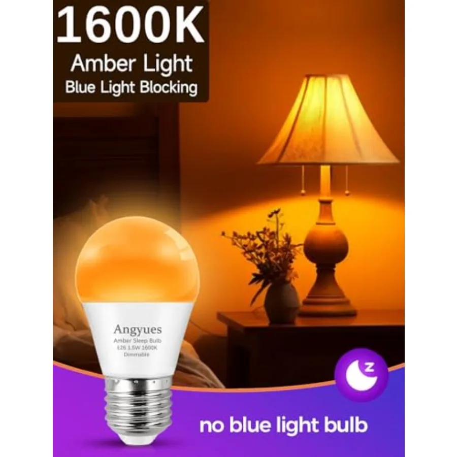 Amber Sleep Light Bulbs Dimmable, Blue Light Blocking, A15 1.5W 15 Watt Equivalent Dim Light Bulbs for Lamp, 1600K Warm Light B