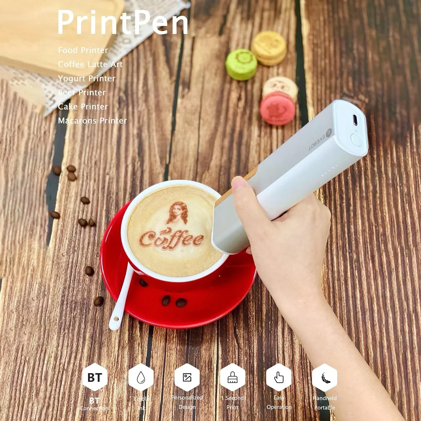 EVEBOT printpen Handheld Food Printer Portable Mini Coffee Latte Art Inkjet for DIY Patterns Design BT Wireless for Restaurants