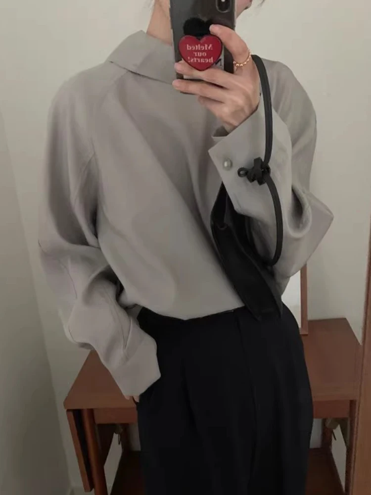 

Chic Autumn High Collar Ba Single Button Design Loose Long Sve irt Women's Top Korean Sle Commute Faion Loose Fit