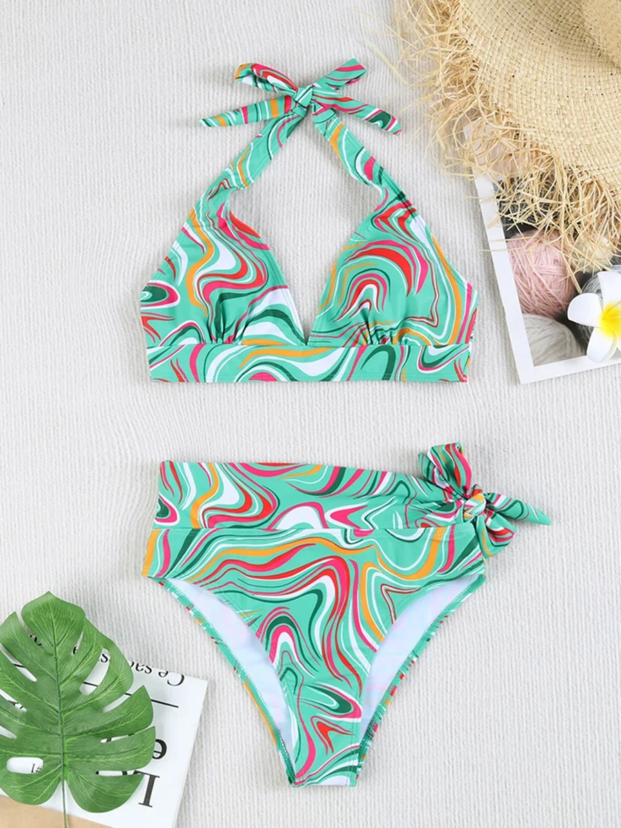 2025 Bikini stampato Halter Costume da bagno sexy Donna Costumi da bagno a vita alta Bagnanti femminili Costume da bagno Costume da bagno Beachwear