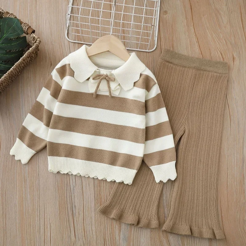 

Striped Knit Sweater Set Girls Scalloped Collar Flared Pants Two Piece Set Autumn Children Outfit
