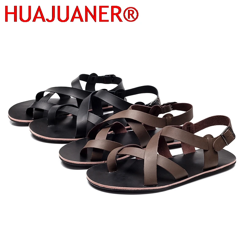 

Летние мужские модные сандалии из натуральной кожи в римском стиле с ремешками, с открытым носком, простые повседневные туфли на плоской подошве, дышащие сандалии