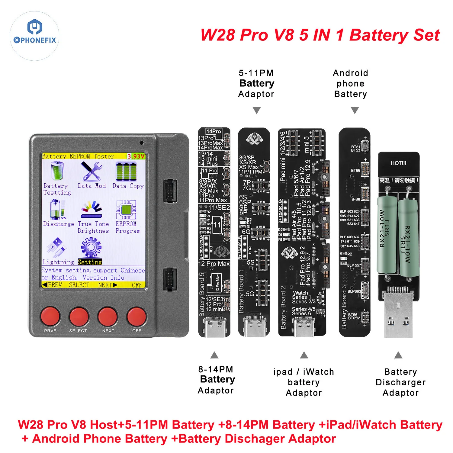 OSS W28 Pro V8 Multi-funtional 9 in1 LCD Screen Battery Tester Machine per iPhone 7-14 Huawei iPad Test True Tone Battery Repair