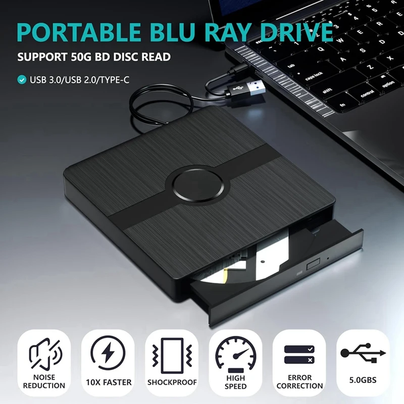 Unidade Blu Ray externa, reprodutor de queimador de CD/DVD com capacidade de leitura/gravação Leitor Blu-Ray portátil para PC laptop Win10