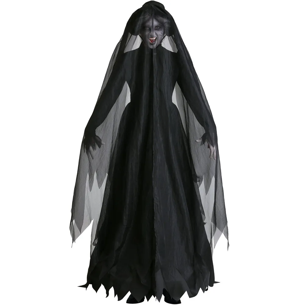 Gruselige Geist Hexe Vampir Braut Cosplay Kostüm für Frauen Halloween Karneval Party Kap Hexe Tod Geist langes Kleid