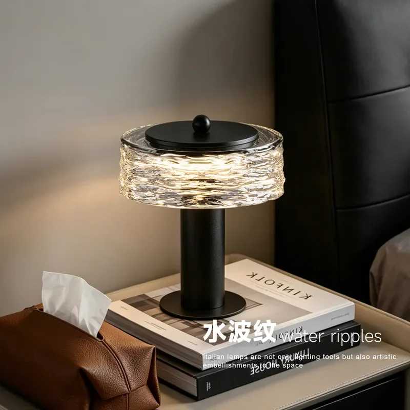 Modern Black Metal Table Lamp with Water Pattern Glass Shade for Bedroom Bedside Night Light Living Room Study Desk Decor