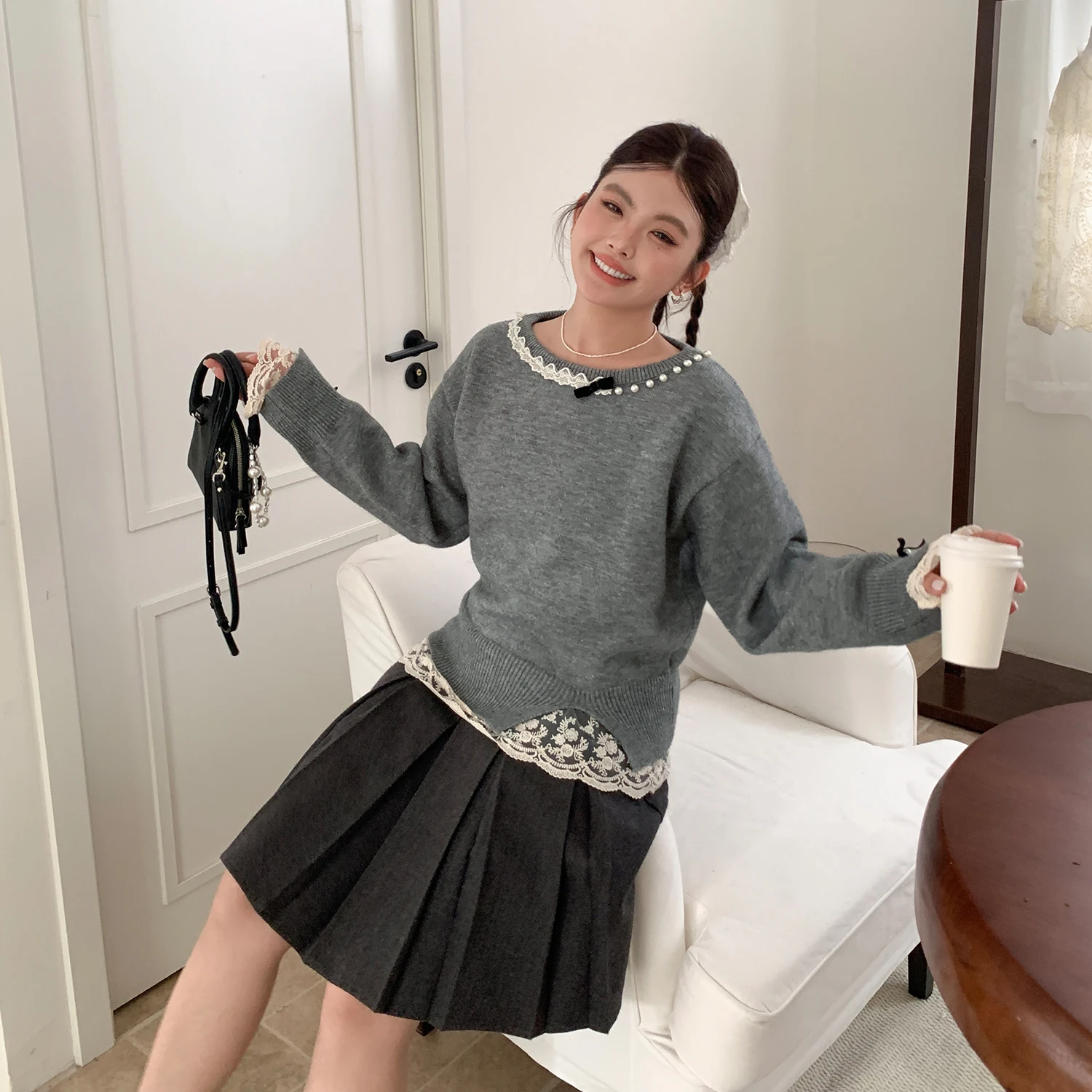 

Вязаный свитер Ele с кружевной отделкой в стиле ретро, свободного кроя, с длинными рукавами, круглым вырезом, однотонный, для повседневной носки студентами