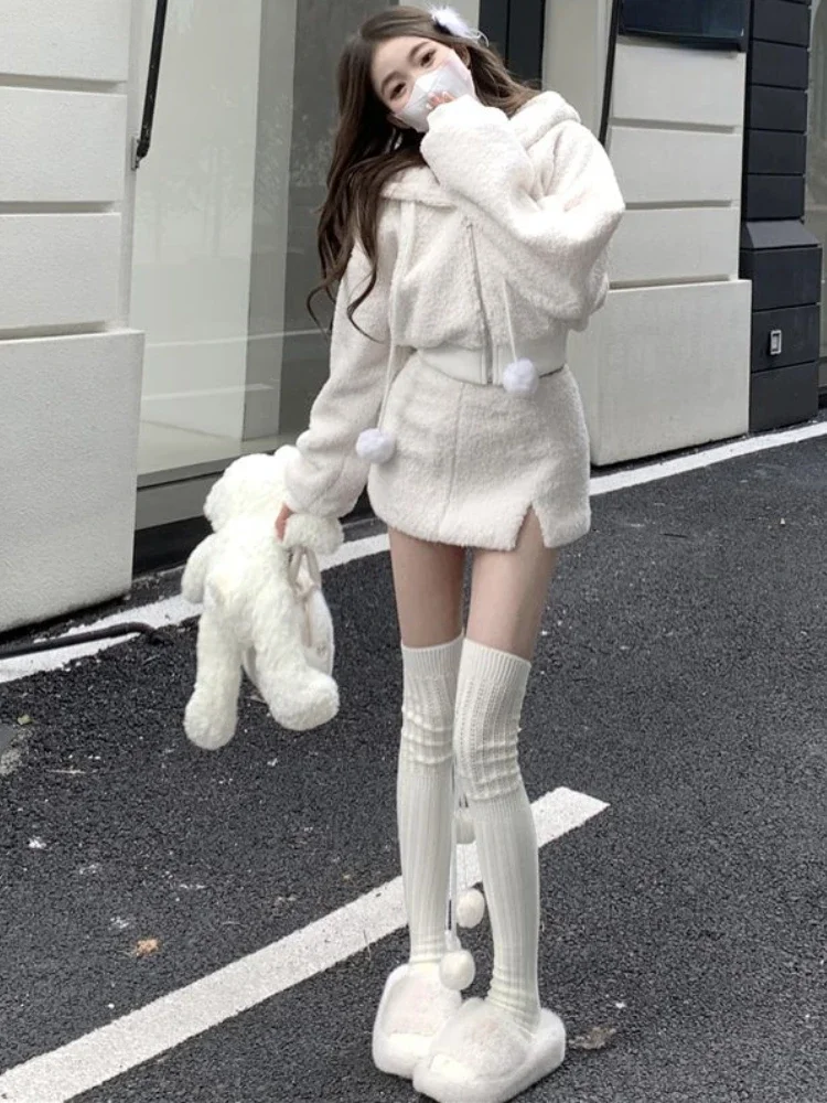 White Korea Y2k Skirts Suit Women Harajuku Elegant Two-piece Set Female Long Sleeve Hoodie + Sexy Party Open Fork Mini Skirt New