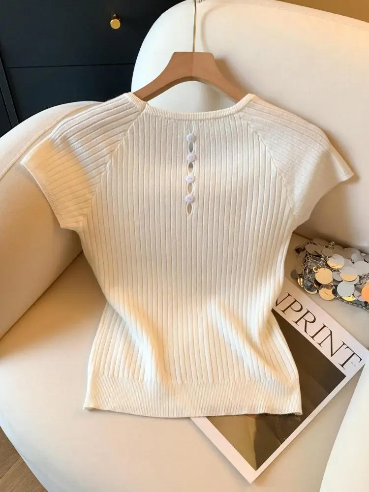 

Новый женский однотонный короткий пуловер, свитер, топы, летняя мода, элегантный трикотаж с квадратным вырезом и коротким рукавом, простая одежда