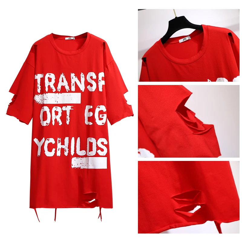 Plus-size feminino verão casual comute solto e confortável camiseta preto vermelho carta impressão topo de manga curta com buracos grandes