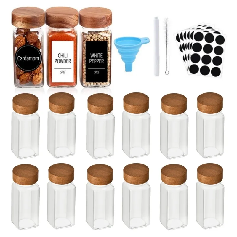 

12 баночек для специй с этикетками, утолщенные стеклянные контейнеры для приправ с бамбуковыми крышками, герметичные бутылки для приправ с силиконовой воронкой