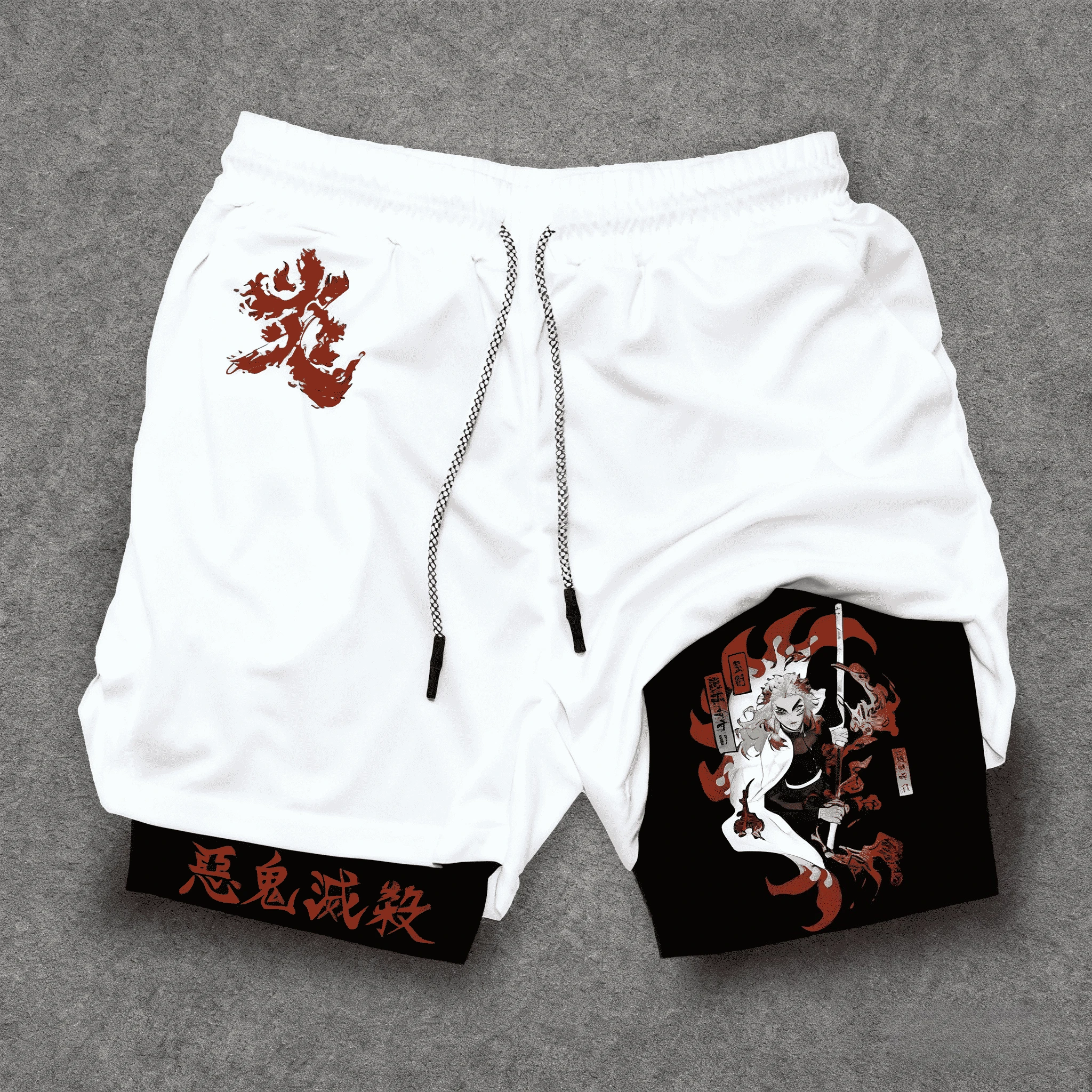 

Двухслойные шорты с принтом аниме Ghost Slayer для весны и лета, свободные мужские шорты для фитнеса и спорта