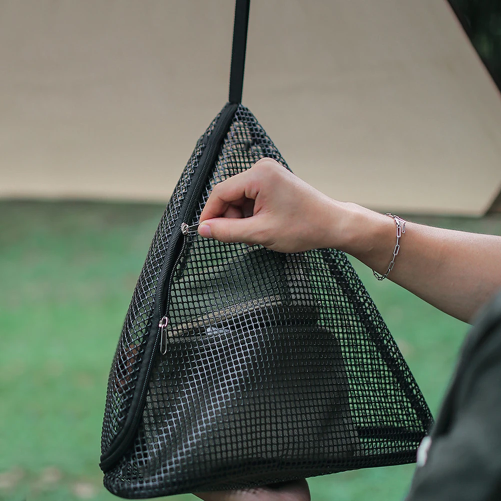 

Triangular Hanging Mesh Black PVC Foldable Camping Storage Bag Lightweight Fruit Drain Bag Outdoor Lampshade Kitchen Barware