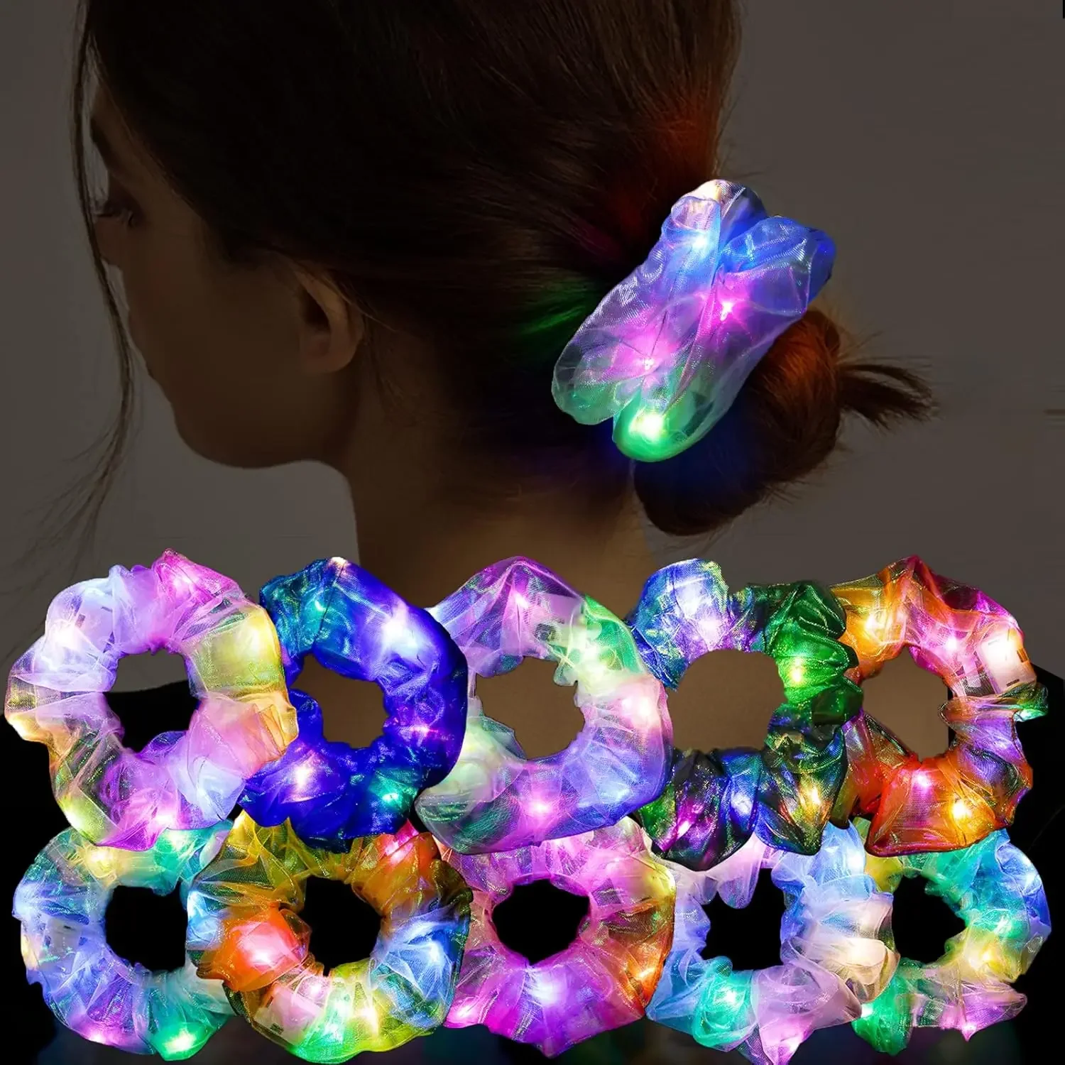 10Pcs LED Light Hair Scrunchies Light Up Scrunchies Elastic Glow Hairbands Hair Scrunchies Glow Mermaid Party favors Supplies