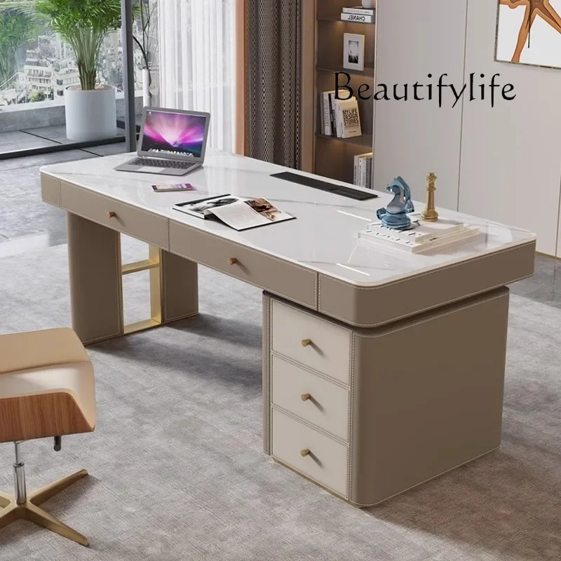 

MS 63 Y Light Luxury Saddle Leather Desk Modern Minimalist Designer High-end Desk Computer Rock Slab Writing Desk
