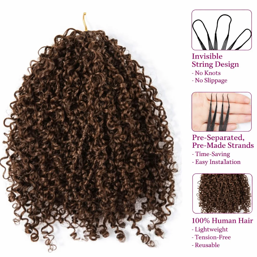 Pequenas espirais encaracolados crochê cabelo humano pena-linha invisível sem nós cabelo de crochê para mulher # 4 Torção Trança Marrom Chocolate