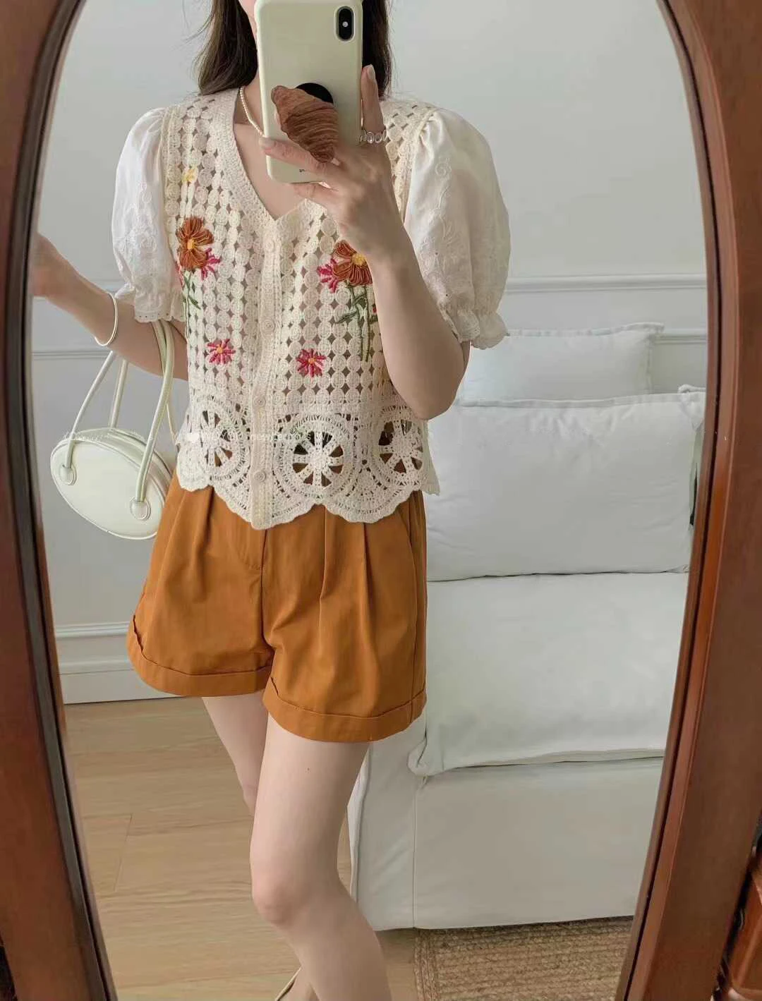 Crochet Knit Top Women Half Sleeve V-Neck Button Down Embroidery Floral Blouse Cardigan Summer Fairycore Cottagecore Outfit