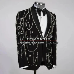 Black Men's Jacket For Wedding Spartkly Beading Coat Regular Fit Slim Groom Tuxedos Tailor-Made Formal Party Dinner Blazer Sets