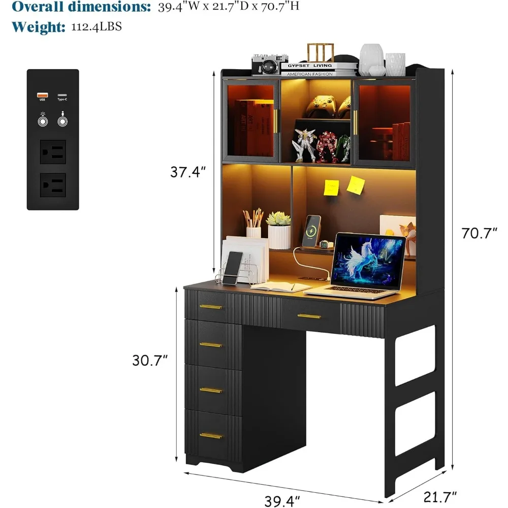 LED Study with Hutch and Drawer, Home Office with Outlet, Computer with Charging Station,Writing Desk for Bedroom