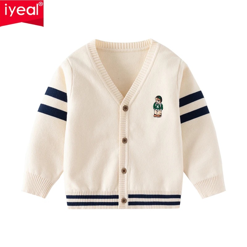 IYEAL Children\'s Boy Cute Beige Sweater Casual Style Long Sleeve Comfortable Soft Autumn Bear Pattern Sweater Cardigan