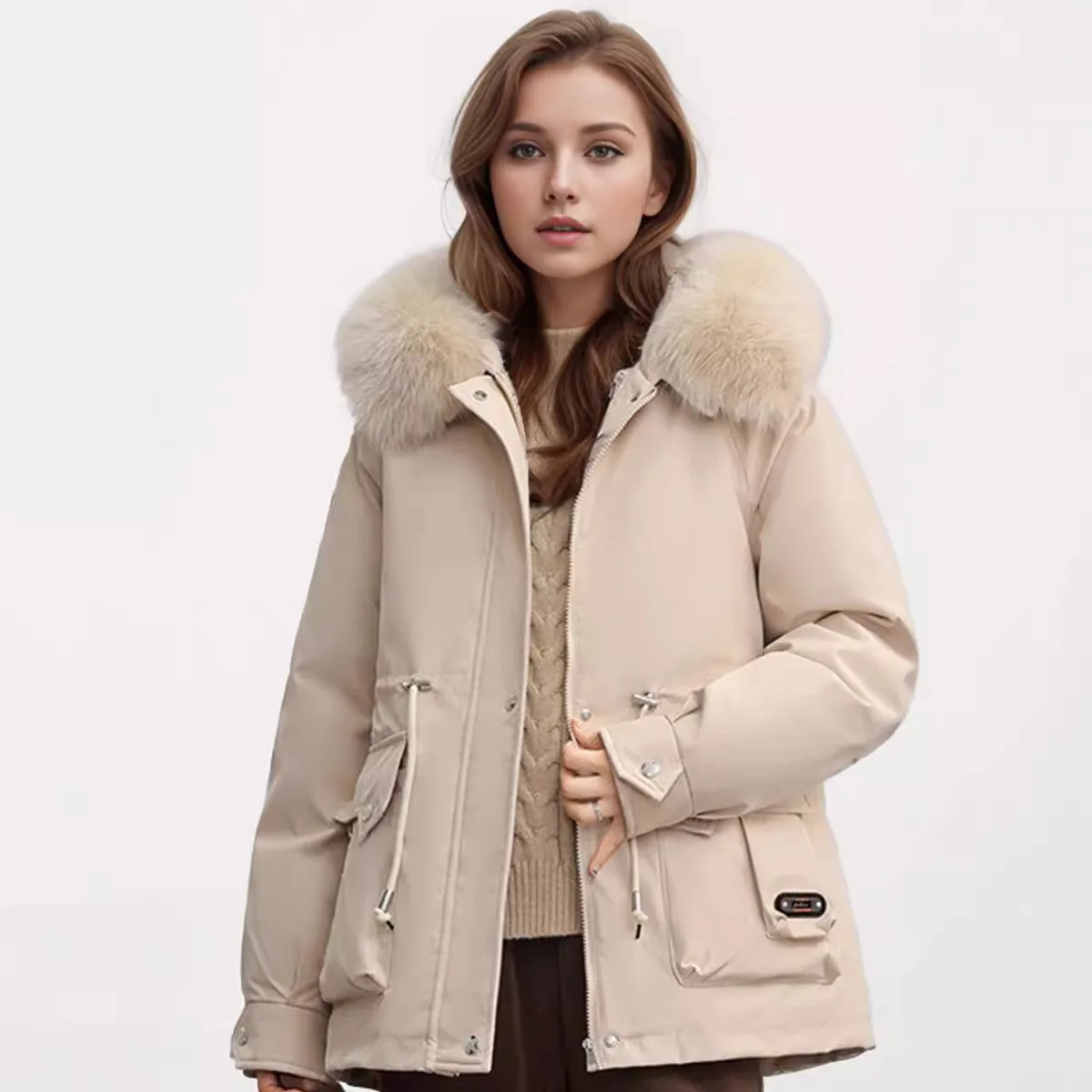 2024 Winter Women\'s Jacket Fur Collar Thicken Warm Casual Cotton Jacket Female 2 Pocket Drawstring Waist Cinching Parka Jacket