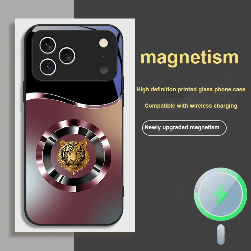

For iPhone 17 Pro MAX AIR Luxury Gold Tiger Head Silver Gradient Magnetic Glass Phone Case Anti Drop Protection