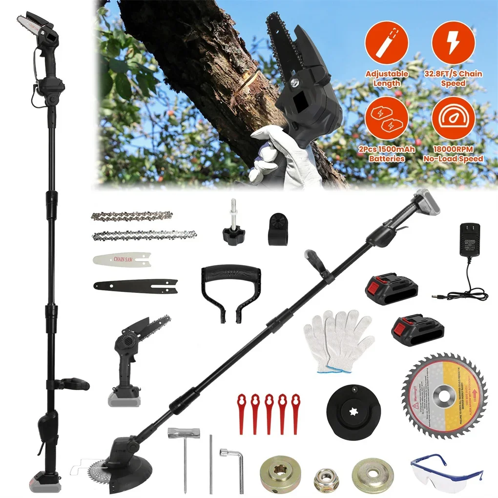 3-in-1 Cordless Electric Pole Saw & Mini Chainsaw & Grass Trimmer Kit with Adjustable Length 2Pcs 21V 1500mAh Batteries 4in/6in