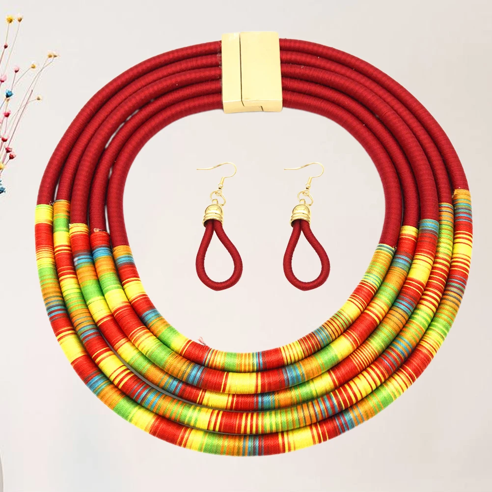 

1Set Hand-Woven Multilayer Necklace Red African Style Magnetic Buckle Unique Pendant Vacation Birthday Daily Use