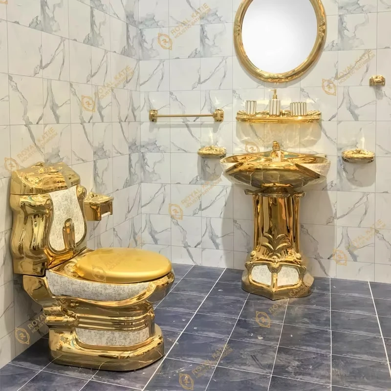 Royal vintage golden plated color bathroom sanitary ware luxury toilet bowl and pedestal wash basin sink ceramic gold toilet set