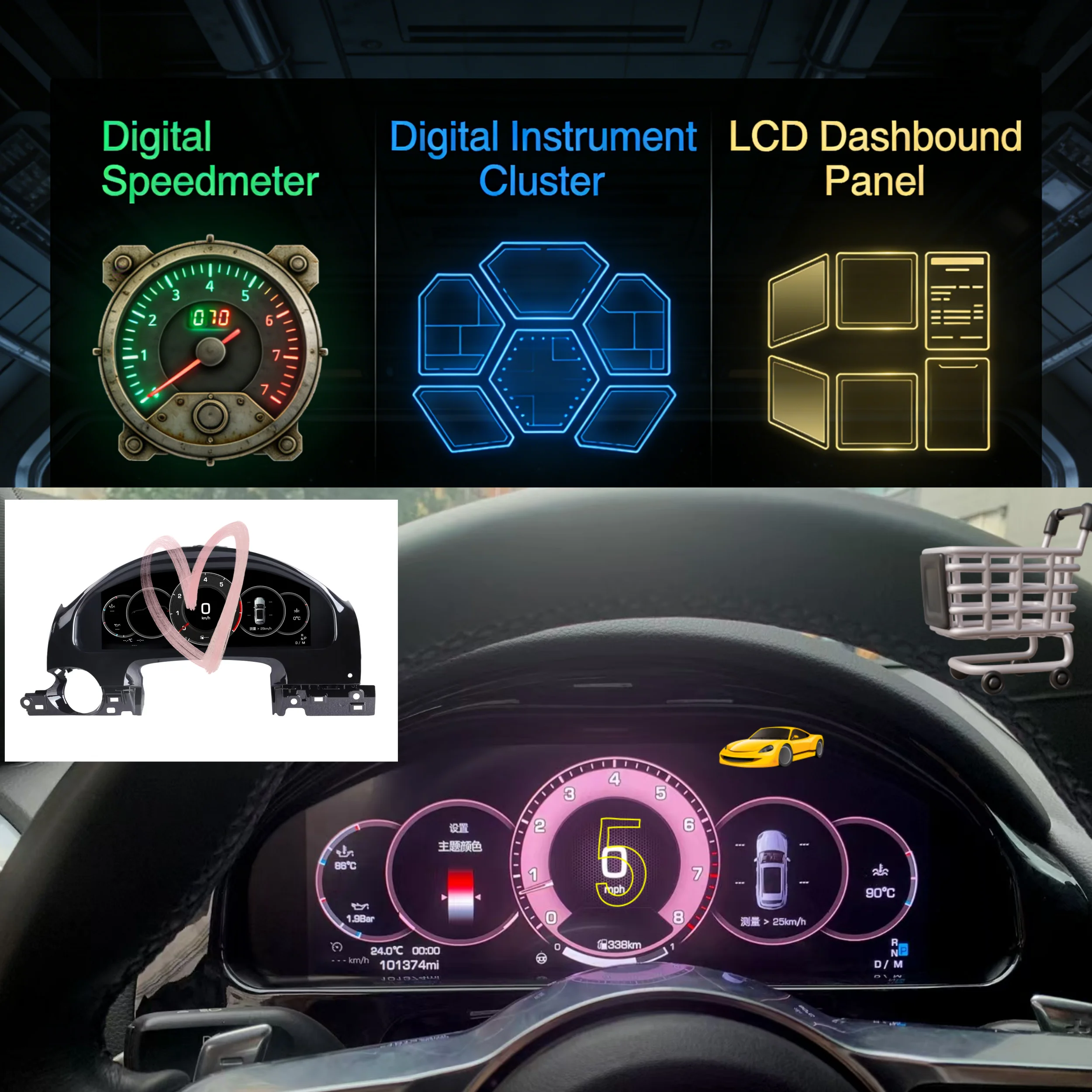 

12.3" LCD Car Dashboard Meter For Porsche Cayenne 2011-2017 Linux Digital Instrument Cluster Odometer Speedometer Cockpit Panel