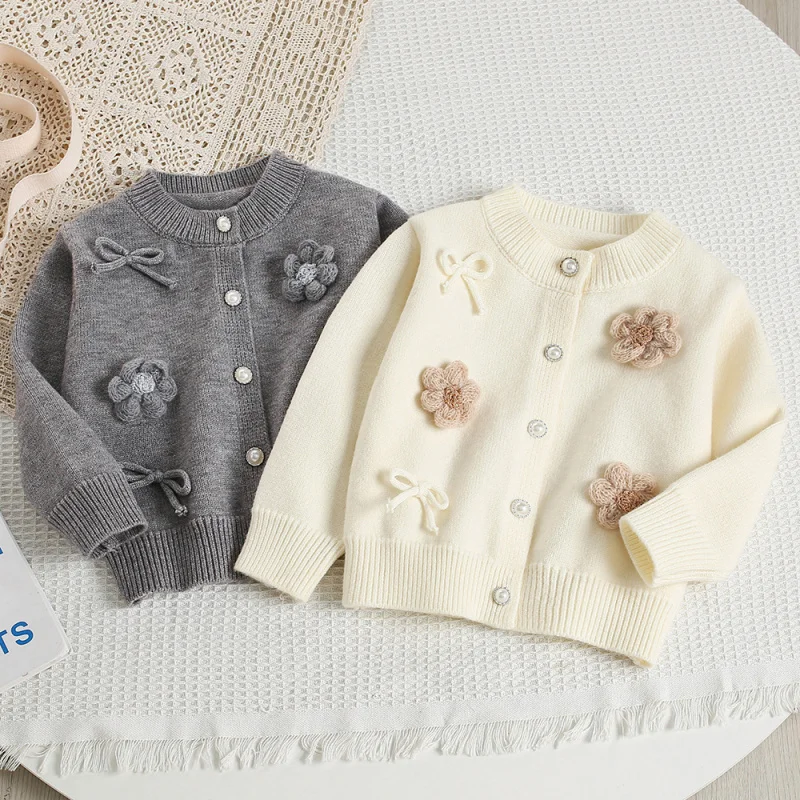 

Girls' Sweater Top2025Spring and Autumn New Fashionable Solid Color Three-Dimensional Flower Knitted Cardigan Sweater