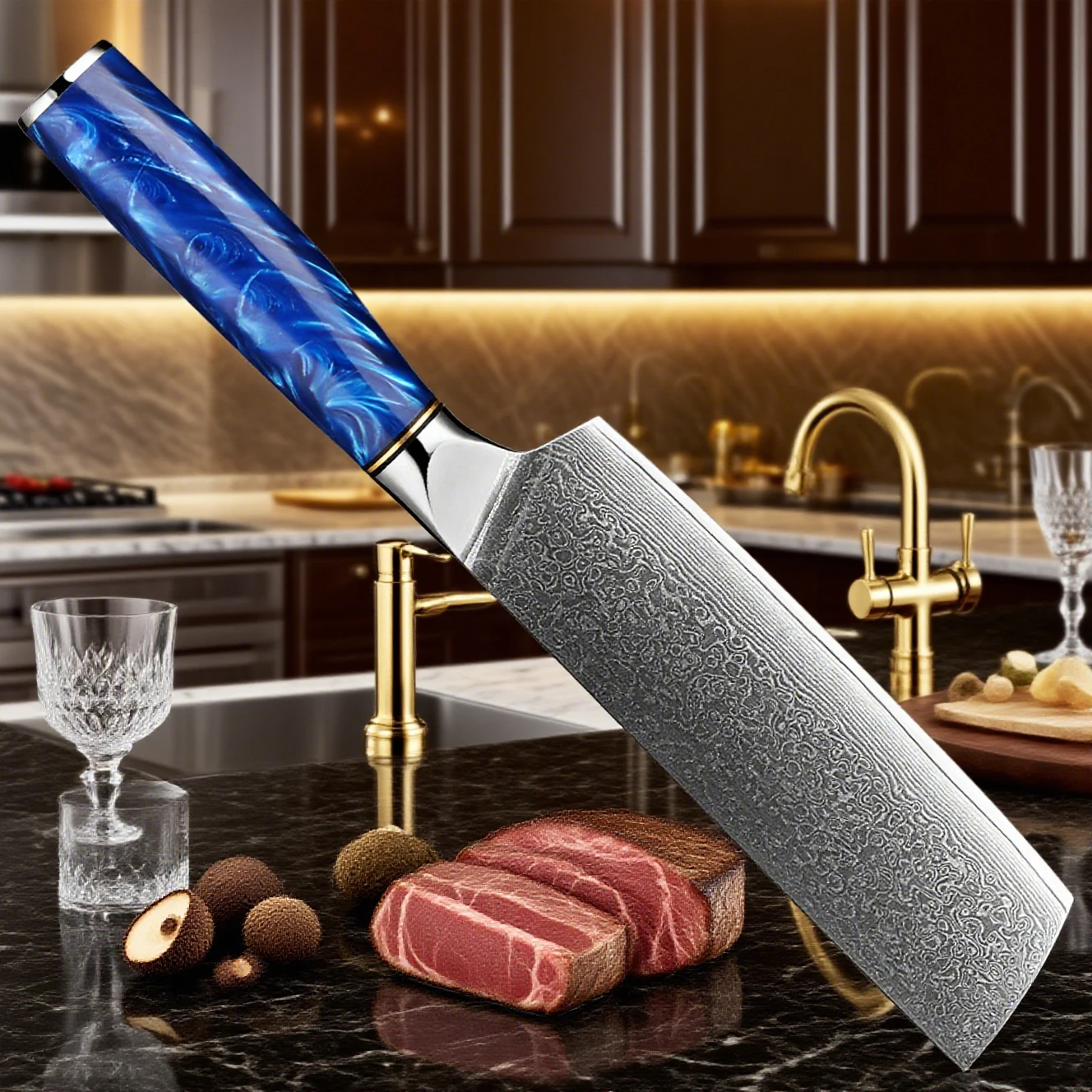 

Nakiri Knife 7 Inch Chinese Vegetable Knife Damascus Steel Kitchen Slicing Knife Meat Vegetable Cleaver Knife Blue Resin Handle