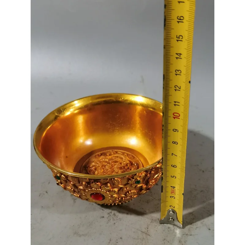 Pure Copper Gilt Inlaid Gemstone Flower Blooming Wealth Gold Bowl Water Offering Bowl Holy Water Bowl Home Decor Ornament Collec