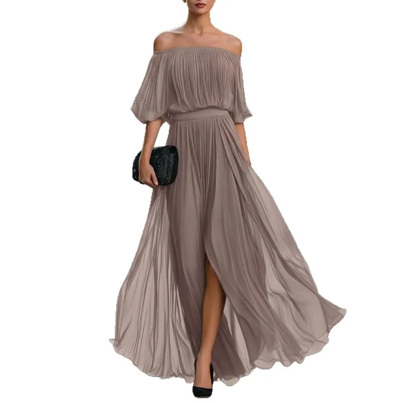 2026 New Women Off Shoulder Chiffon Maxi Dress Puff Short Sleeve Pleated High Slit Flowy Long Gown Wedding Evening Party Dresses