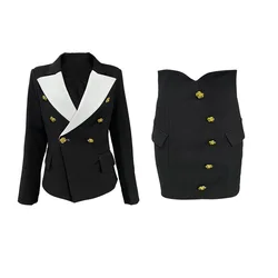 Autumn Winter Dress Two Piece Women Set Gold Button Blazer Jacket Suit Coats Pencil Short Skirts Suits Office Lady Black White