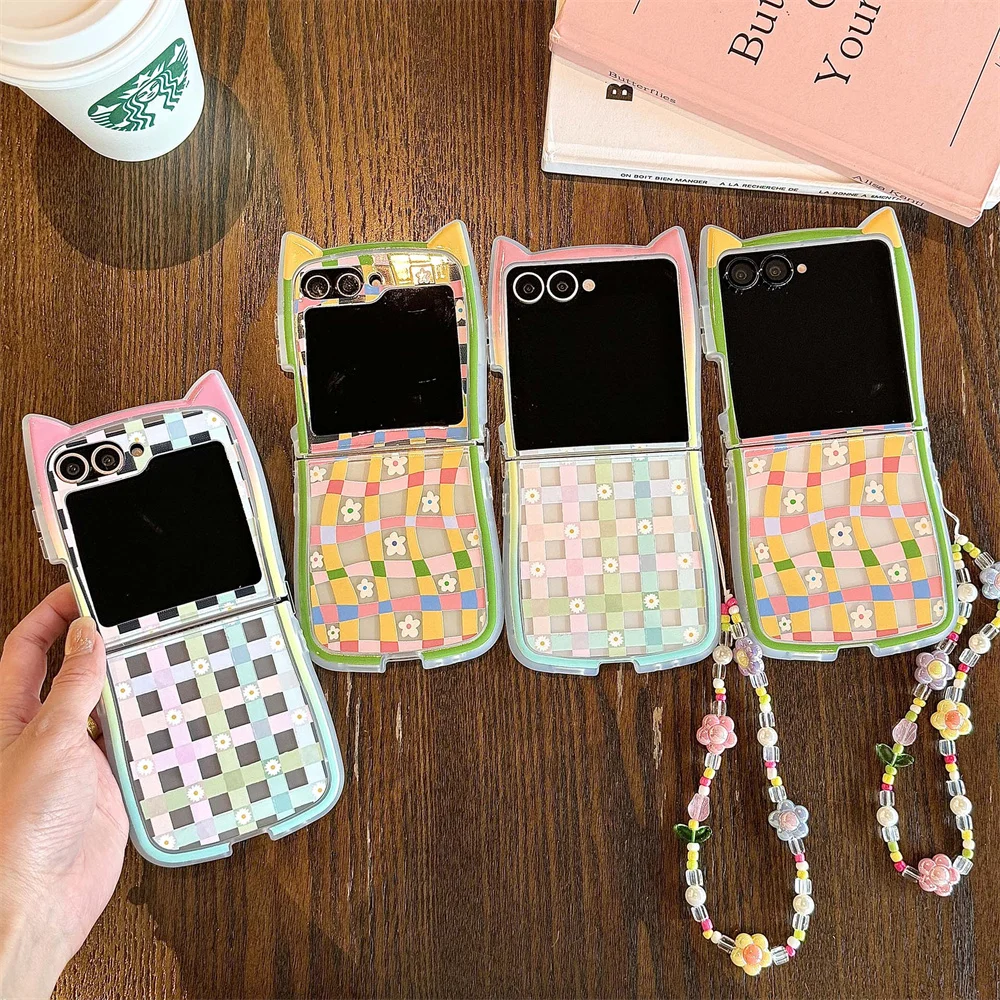 

Korean INS Fashion Cat Ear Plaid Flower Phone Case For Samsung Galaxy Z Flip 7 Flip 6 flip 5 4 3 7 FE Funda Cute Protective Cove