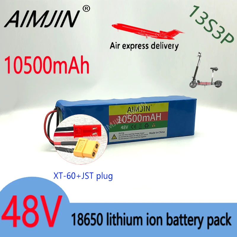 

48V 10500mAh 13S3P 18650 Lithium-ion 10.5Ah battery pack 1000W For 54.6v Motorized Scooter with BMS XT+JST Plug